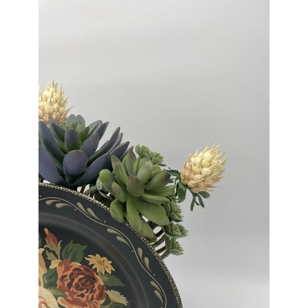 Vintage Toleware Plate Black Wall Pocket Hand Paint‎ Roses w/Succulent Florals